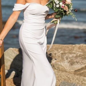 Draped Off-The-Shoulder Crepe Sheath Wedding Gown